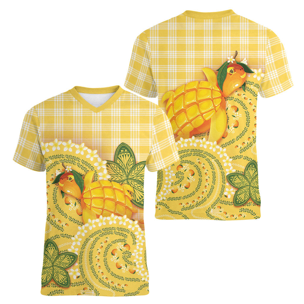 Hawaii Palaka Women V-Neck T-Shirt Cute Ripe Mango Turtle On The Waves