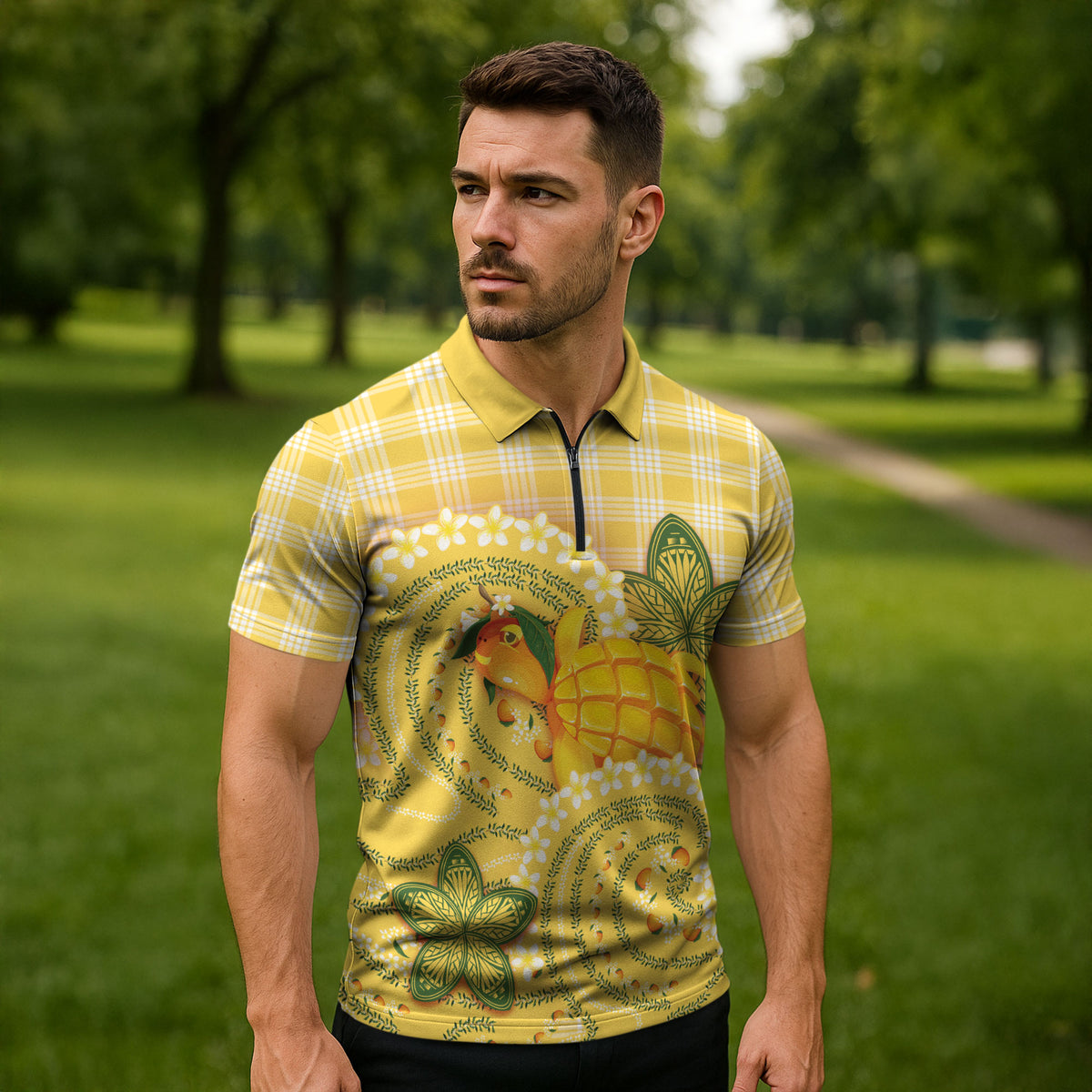 Hawaii Palaka Zipper Polo Shirt Cute Ripe Mango Turtle On The Waves