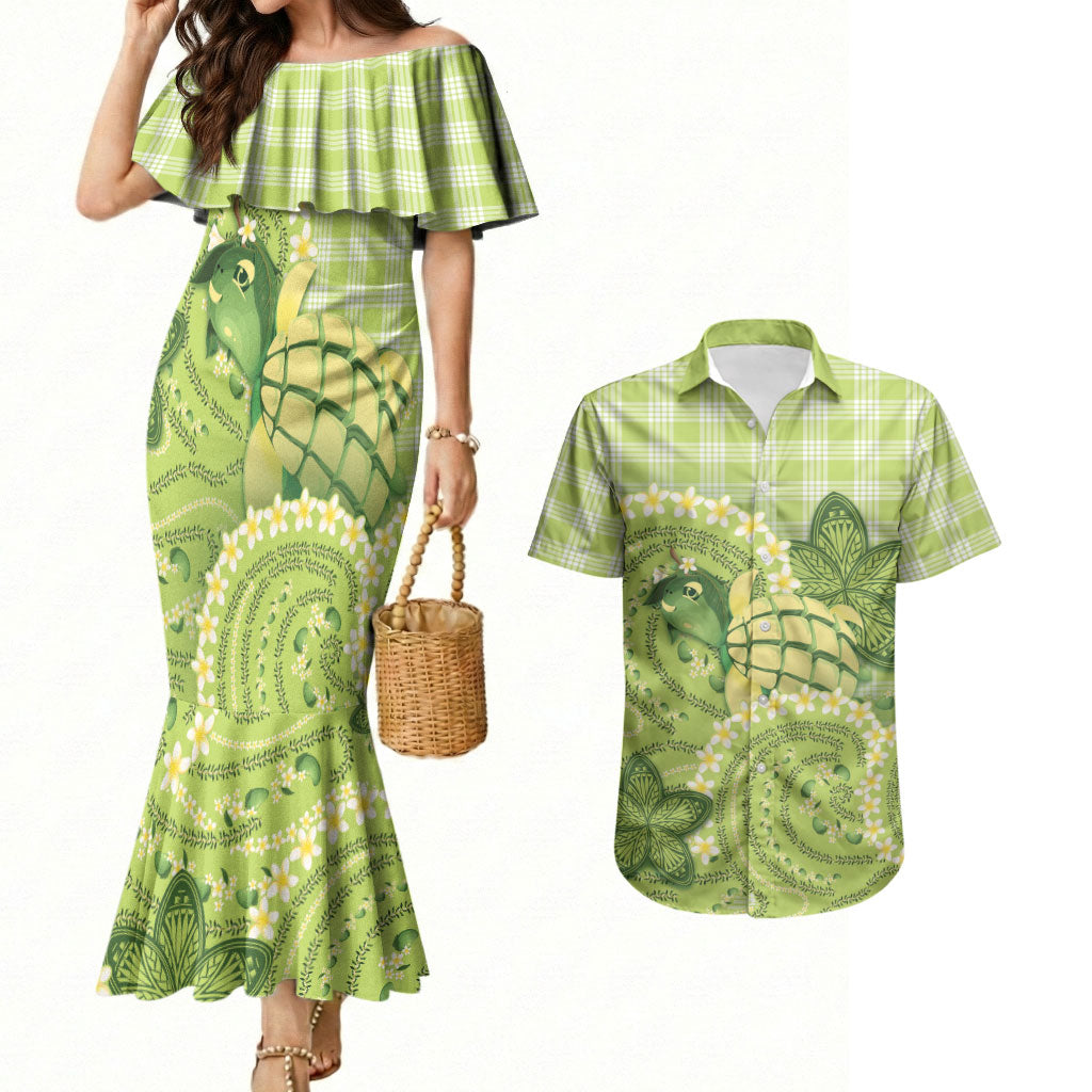 Hawaii Palaka Couples Matching Mermaid Dress and Hawaiian Shirt Cute Green Mango Turtle On The Waves