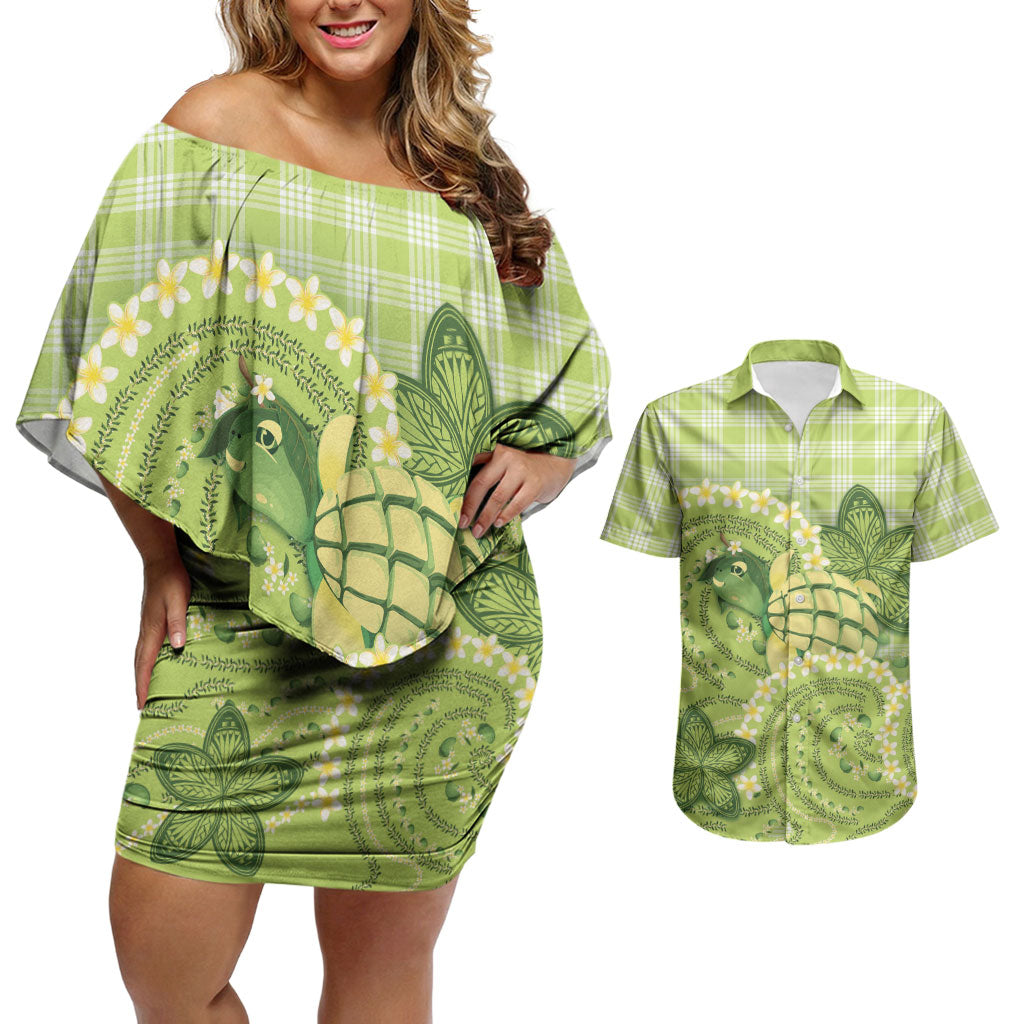 Hawaii Palaka Couples Matching Off Shoulder Short Dress and Hawaiian Shirt Cute Green Mango Turtle On The Waves
