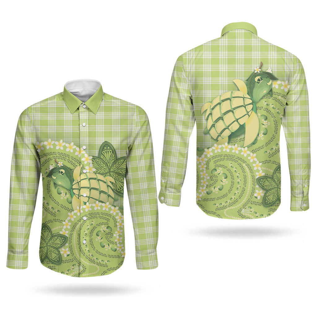 Hawaii Palaka Couples Matching Off Shoulder Short Dress and Long Sleeve Button Shirt Cute Green Mango Turtle On The Waves