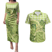 Hawaii Palaka Couples Matching Puletasi and Hawaiian Shirt Cute Green Mango Turtle On The Waves