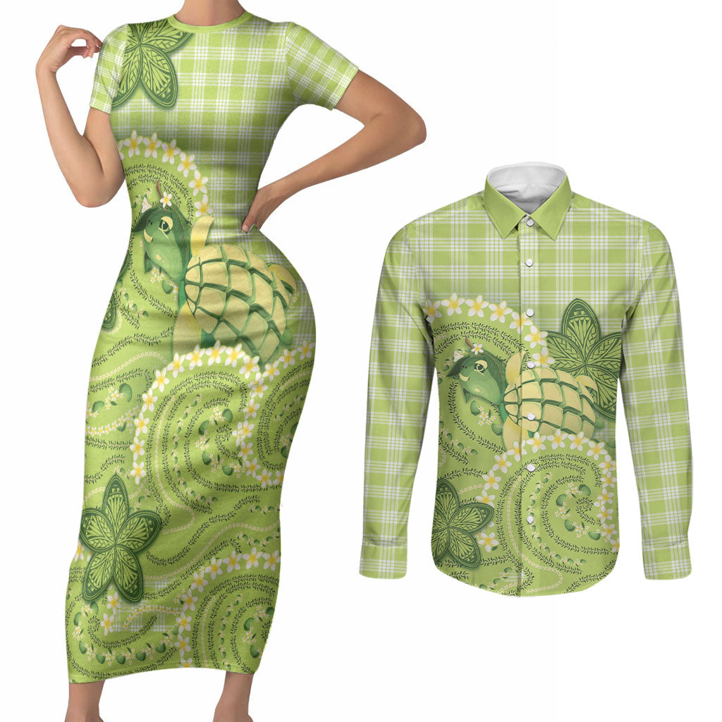 Hawaii Palaka Couples Matching Short Sleeve Bodycon Dress and Long Sleeve Button Shirt Cute Green Mango Turtle On The Waves