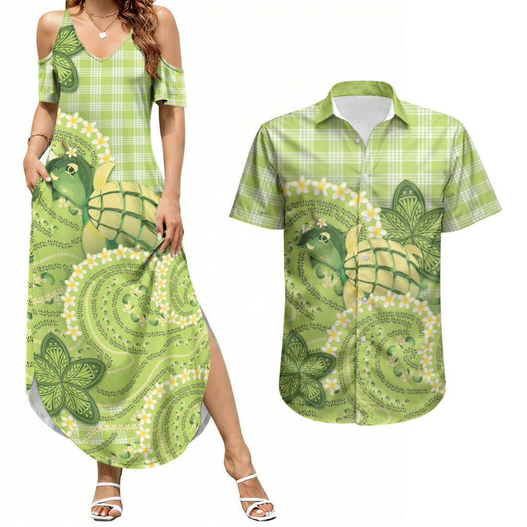 Hawaii Palaka Couples Matching Summer Maxi Dress and Hawaiian Shirt Cute Green Mango Turtle On The Waves DT05 Green - Polynesian Pride