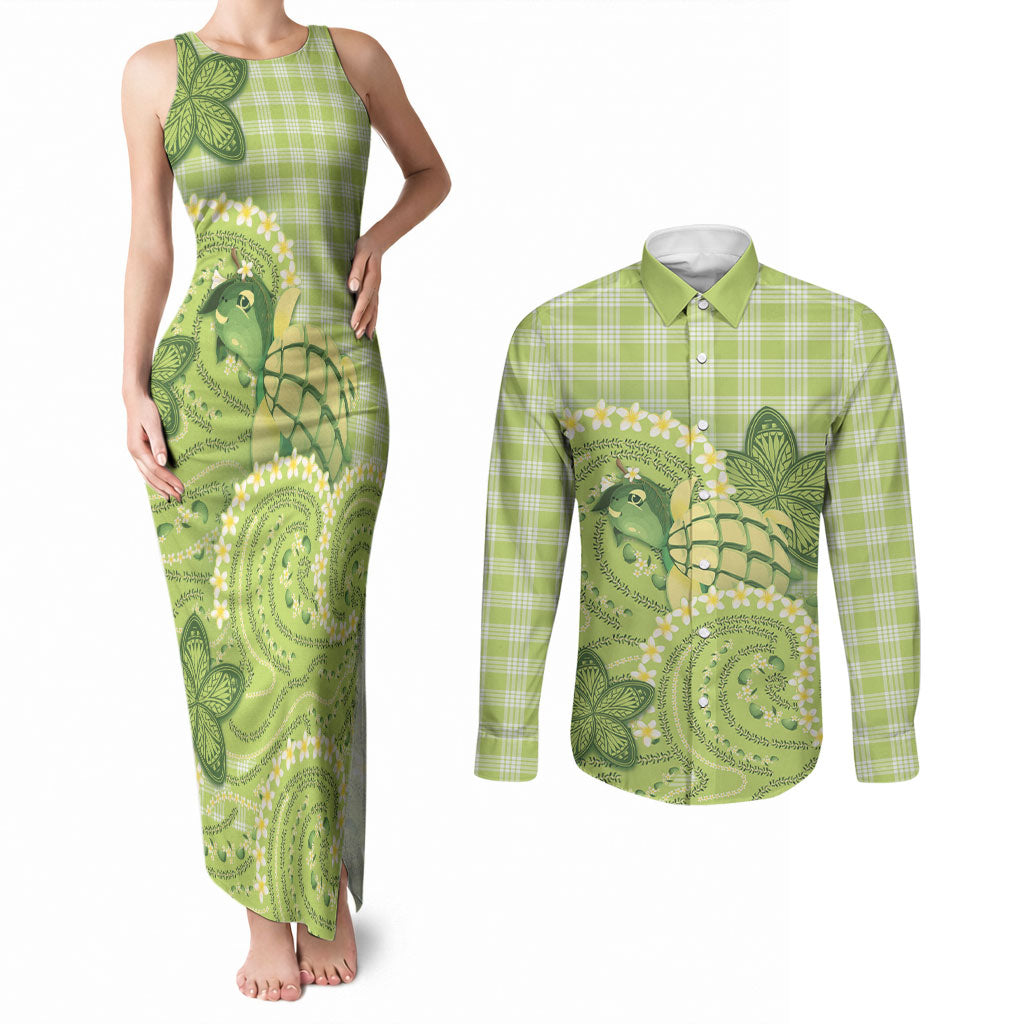 Hawaii Palaka Couples Matching Tank Maxi Dress and Long Sleeve Button Shirt Cute Green Mango Turtle On The Waves
