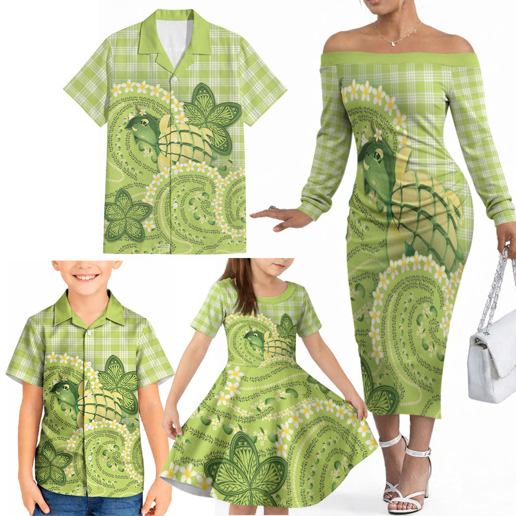 Hawaii Palaka Family Matching Off The Shoulder Long Sleeve Dress and Hawaiian Shirt Cute Green Mango Turtle On The Waves DT05 - Polynesian Pride