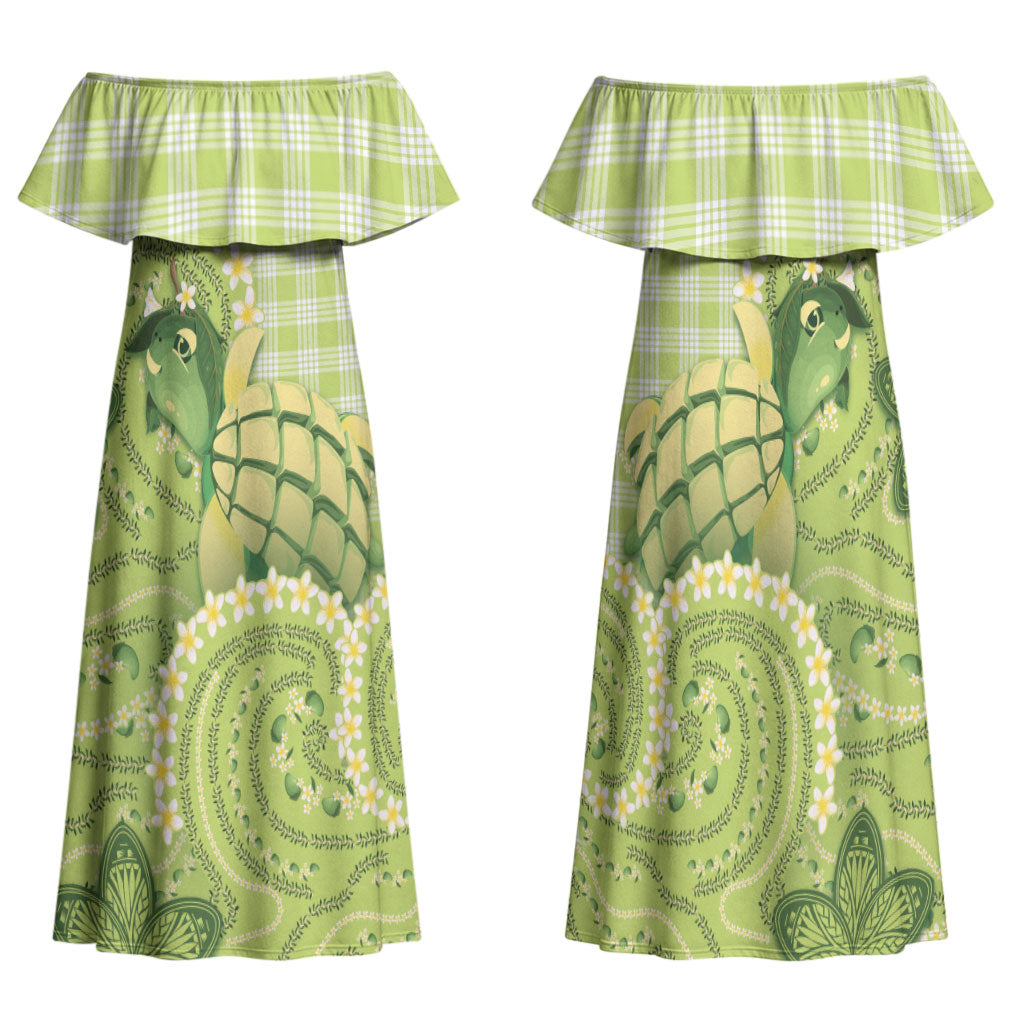 Hawaii Palaka Family Matching Off Shoulder Maxi Dress and Hawaiian Shirt Cute Green Mango Turtle On The Waves