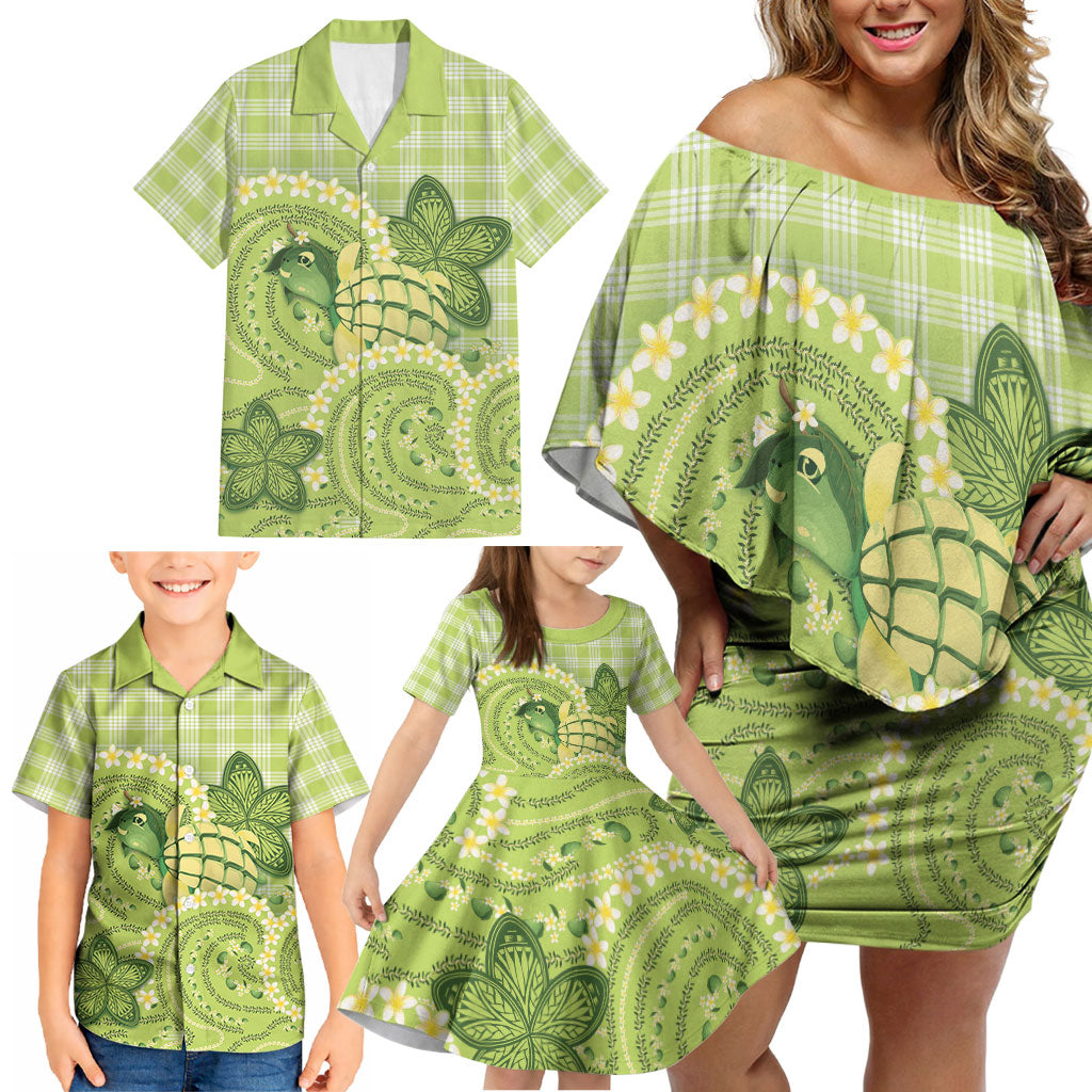 Hawaii Palaka Family Matching Off Shoulder Short Dress and Hawaiian Shirt Cute Green Mango Turtle On The Waves