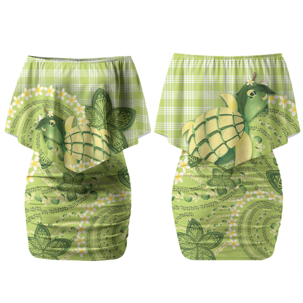 Hawaii Palaka Family Matching Off Shoulder Short Dress and Hawaiian Shirt Cute Green Mango Turtle On The Waves