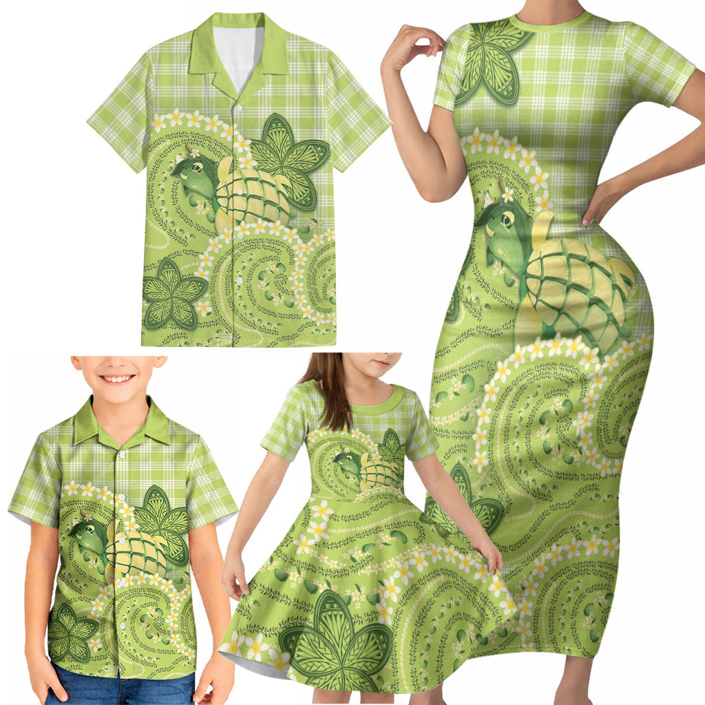 Hawaii Palaka Family Matching Short Sleeve Bodycon Dress and Hawaiian Shirt Cute Green Mango Turtle On The Waves DT05 - Polynesian Pride