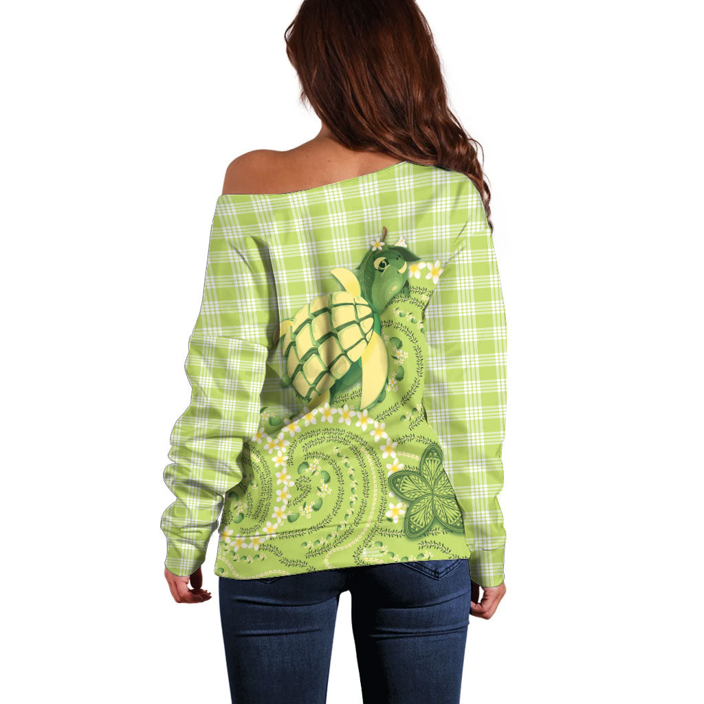 Hawaii Palaka Off Shoulder Sweater Cute Green Mango Turtle On The Waves
