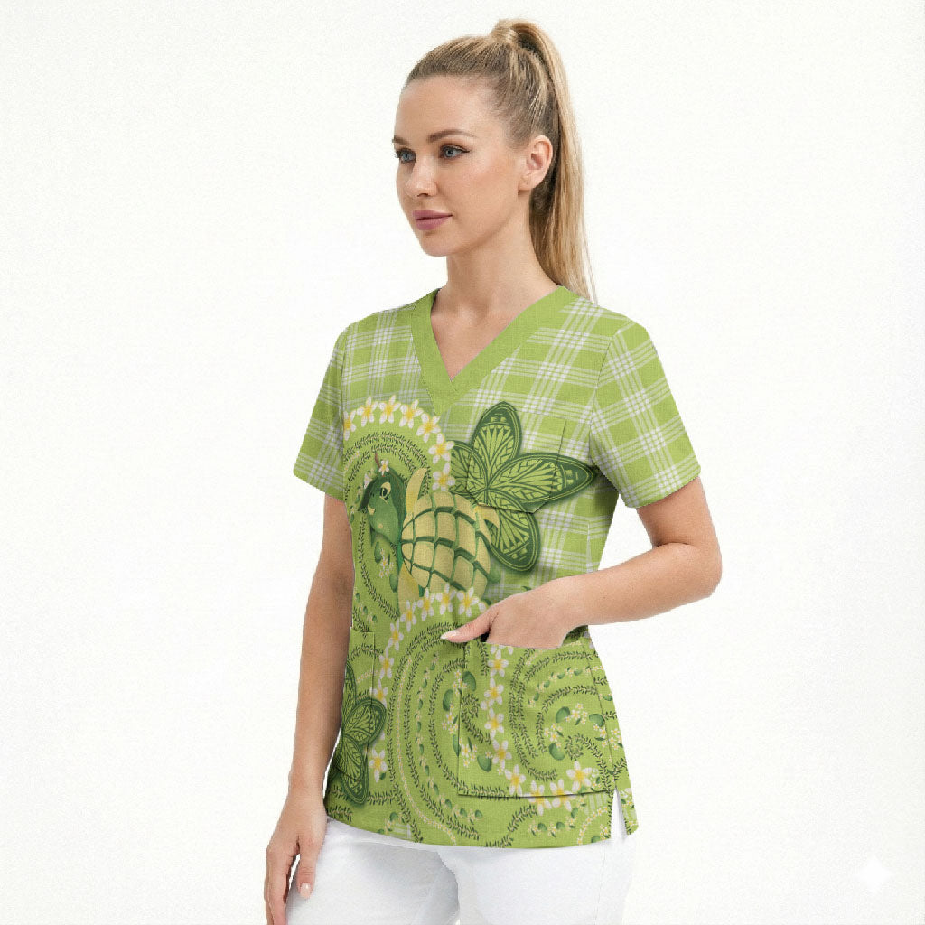 Hawaii Palaka Scrub Top Cute Green Mango Turtle On The Waves