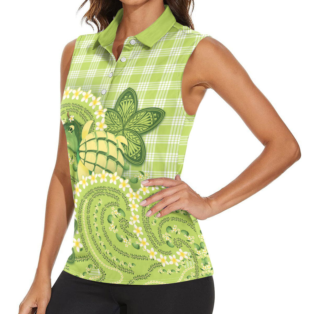 Hawaii Palaka Women Sleeveless Polo Shirt Cute Green Mango Turtle On The Waves