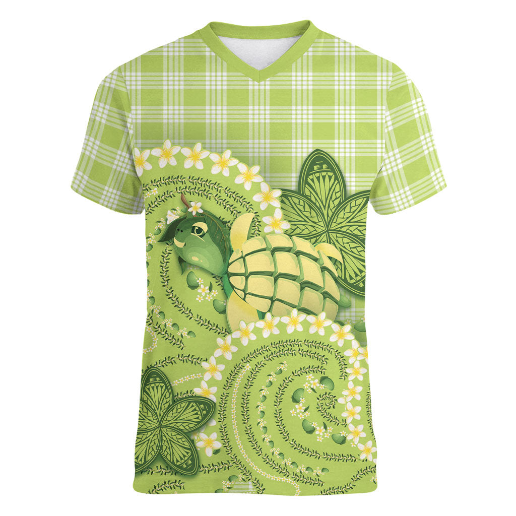 Hawaii Palaka Women V-Neck T-Shirt Cute Green Mango Turtle On The Waves