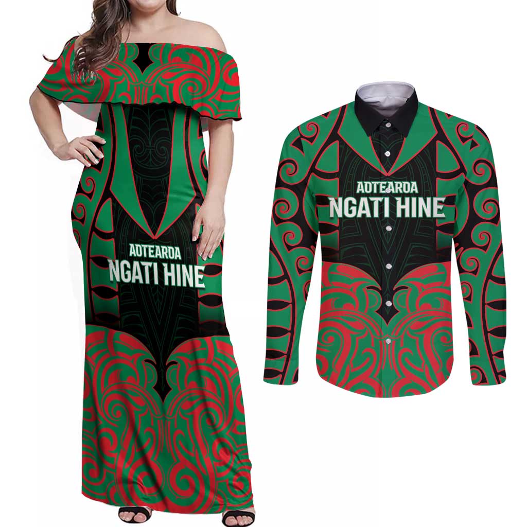 Custom Aotearoa Ngati Hine Couples Matching Off Shoulder Maxi Dress and Long Sleeve Button Shirt Maori Pattern New Zealand - Polynesian Pride