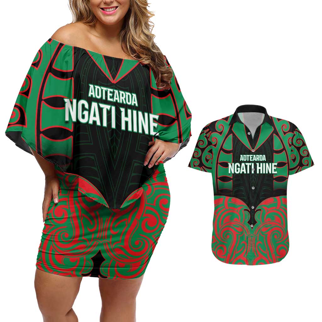 Custom Aotearoa Ngati Hine Couples Matching Off Shoulder Short Dress and Hawaiian Shirt Maori Pattern New Zealand - Polynesian Pride