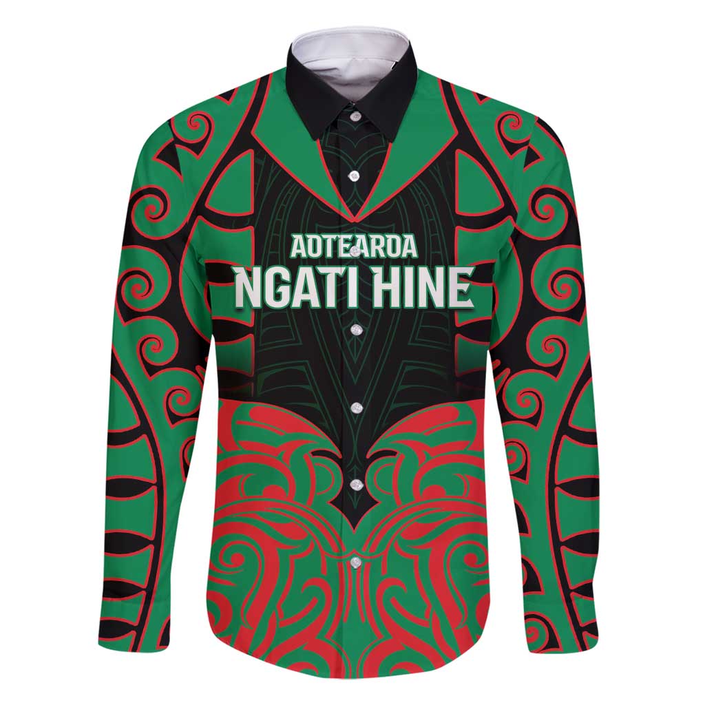 Custom Aotearoa Ngati Hine Family Matching Long Sleeve Bodycon Dress and Hawaiian Shirt Maori Pattern New Zealand DT05 Dad's Shirt - Long Sleeve Green - Polynesian Pride