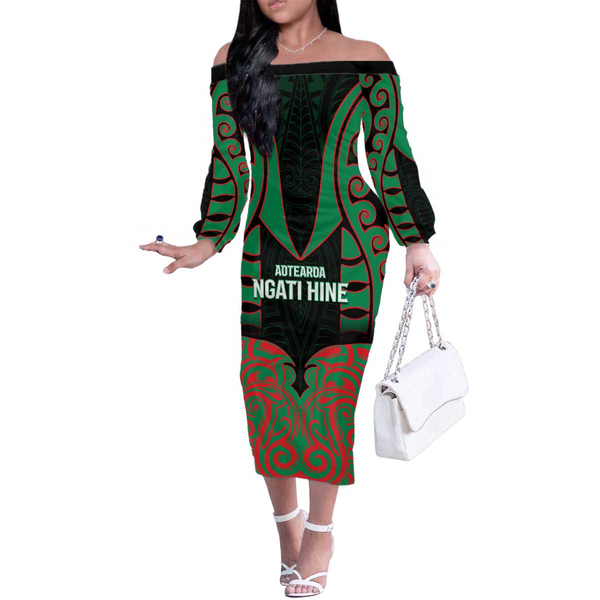 Custom Aotearoa Ngati Hine Family Matching Off The Shoulder Long Sleeve Dress and Hawaiian Shirt Maori Pattern New Zealand - Polynesian Pride
