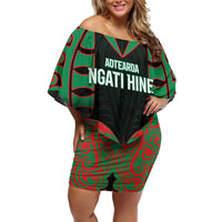 Custom Aotearoa Ngati Hine Family Matching Off Shoulder Short Dress and Hawaiian Shirt Maori Pattern New Zealand DT05 Mom's Dress Green - Polynesian Pride