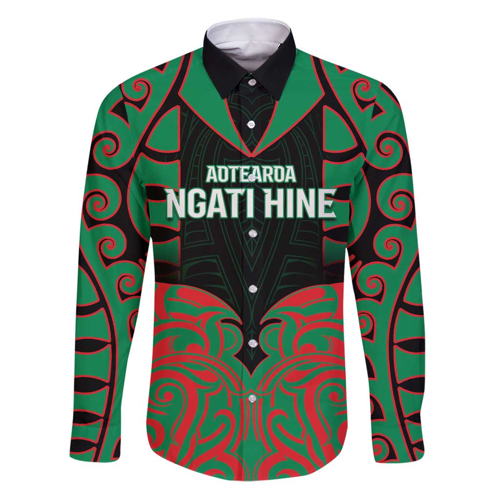 Custom Aotearoa Ngati Hine Family Matching Puletasi and Hawaiian Shirt Maori Pattern New Zealand DT05 Dad's Shirt - Long Sleeve Green - Polynesian Pride