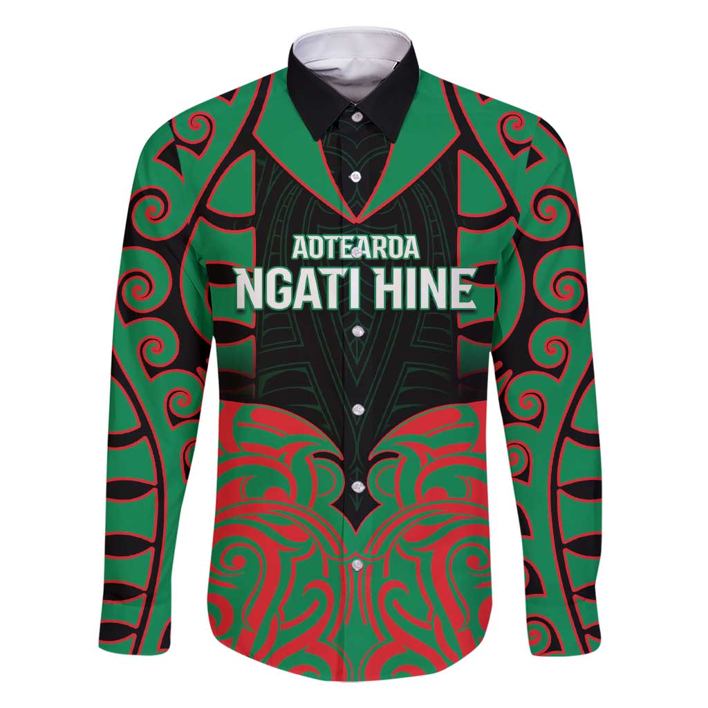 Custom Aotearoa Ngati Hine Family Matching Short Sleeve Bodycon Dress and Hawaiian Shirt Maori Pattern New Zealand DT05 Dad's Shirt - Long Sleeve Green - Polynesian Pride