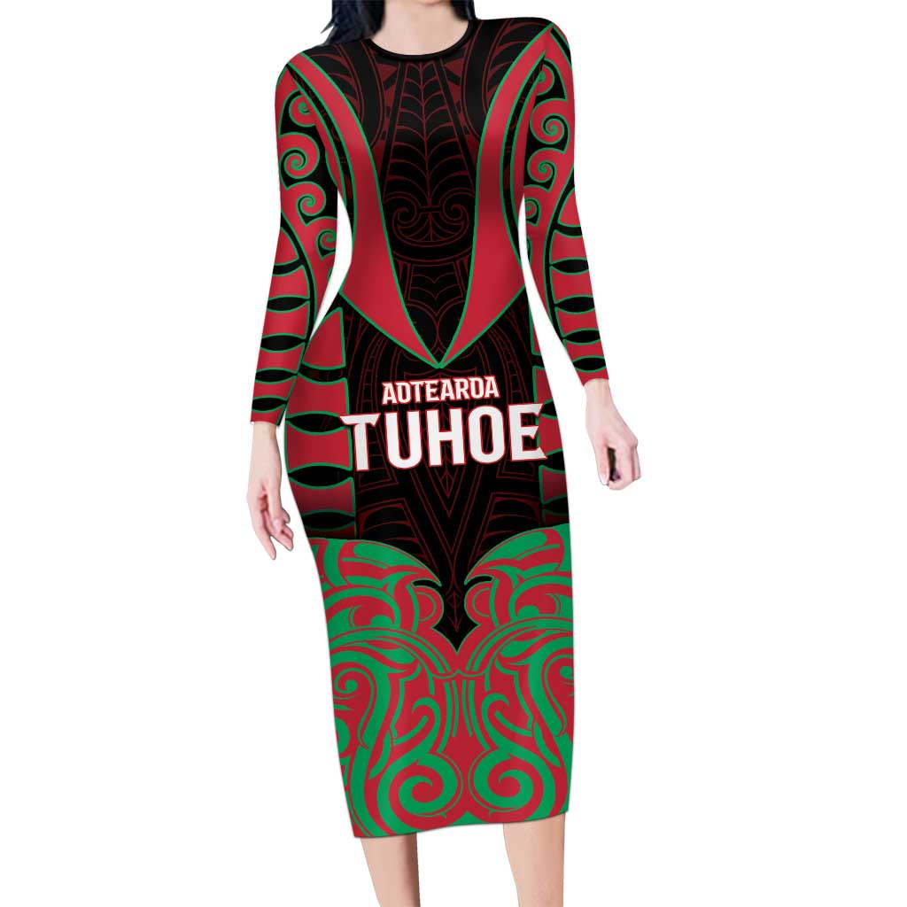 Custom Aotearoa Tuhoe Family Matching Long Sleeve Bodycon Dress and Hawaiian Shirt Maori Pattern New Zealand DT05 Mom's Dress Red - Polynesian Pride