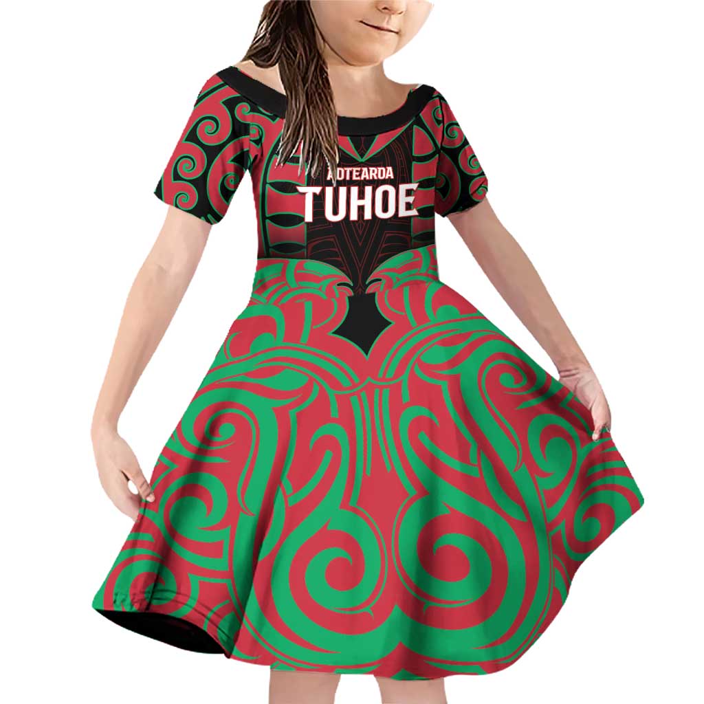 Custom Aotearoa Tuhoe Family Matching Off Shoulder Short Dress and Hawaiian Shirt Maori Pattern New Zealand DT05 Daughter's Dress Red - Polynesian Pride