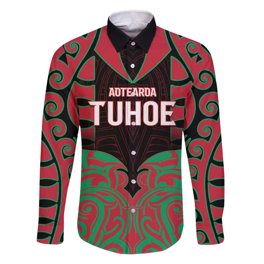 Custom Aotearoa Tuhoe Family Matching Off Shoulder Short Dress and Hawaiian Shirt Maori Pattern New Zealand DT05 Dad's Shirt - Long Sleeve Red - Polynesian Pride