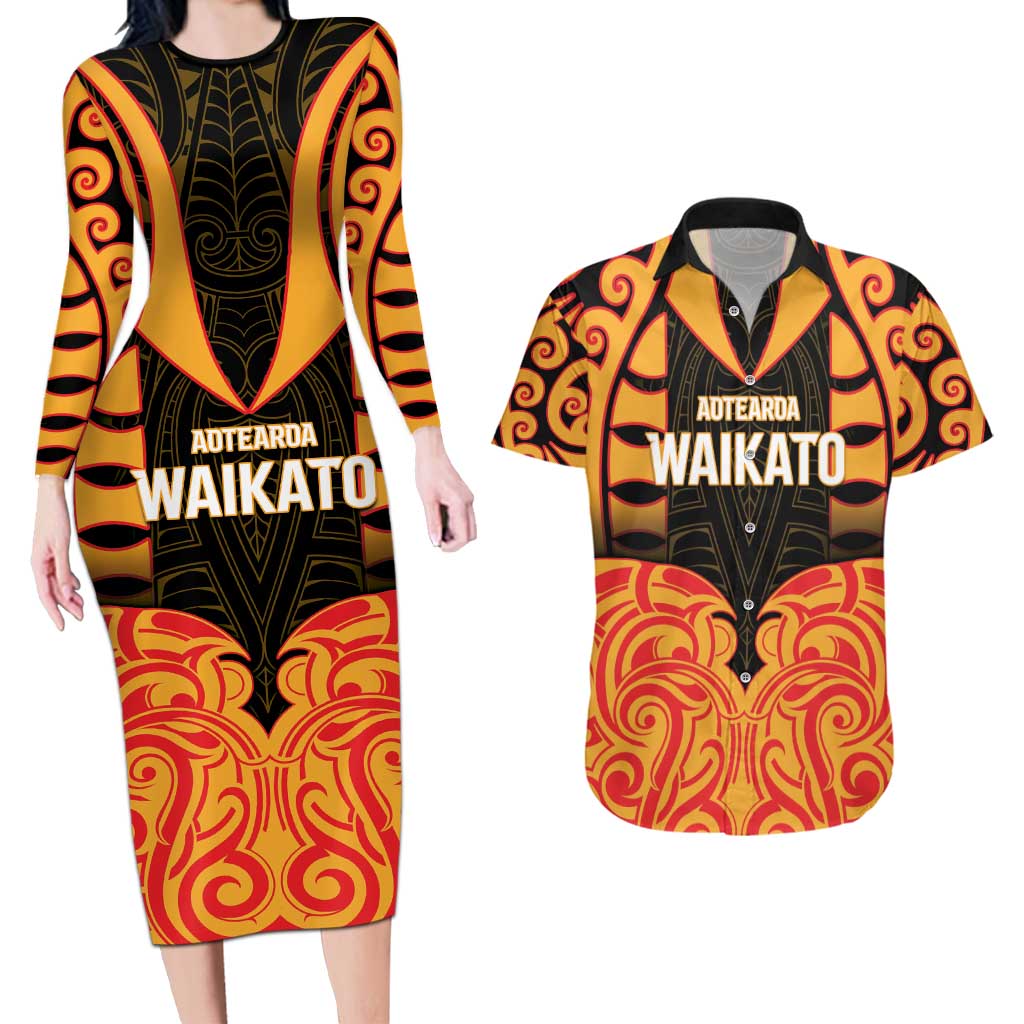 Custom Aotearoa Waikato Couples Matching Long Sleeve Bodycon Dress and Hawaiian Shirt Maori Pattern New Zealand DT05 Orange - Polynesian Pride
