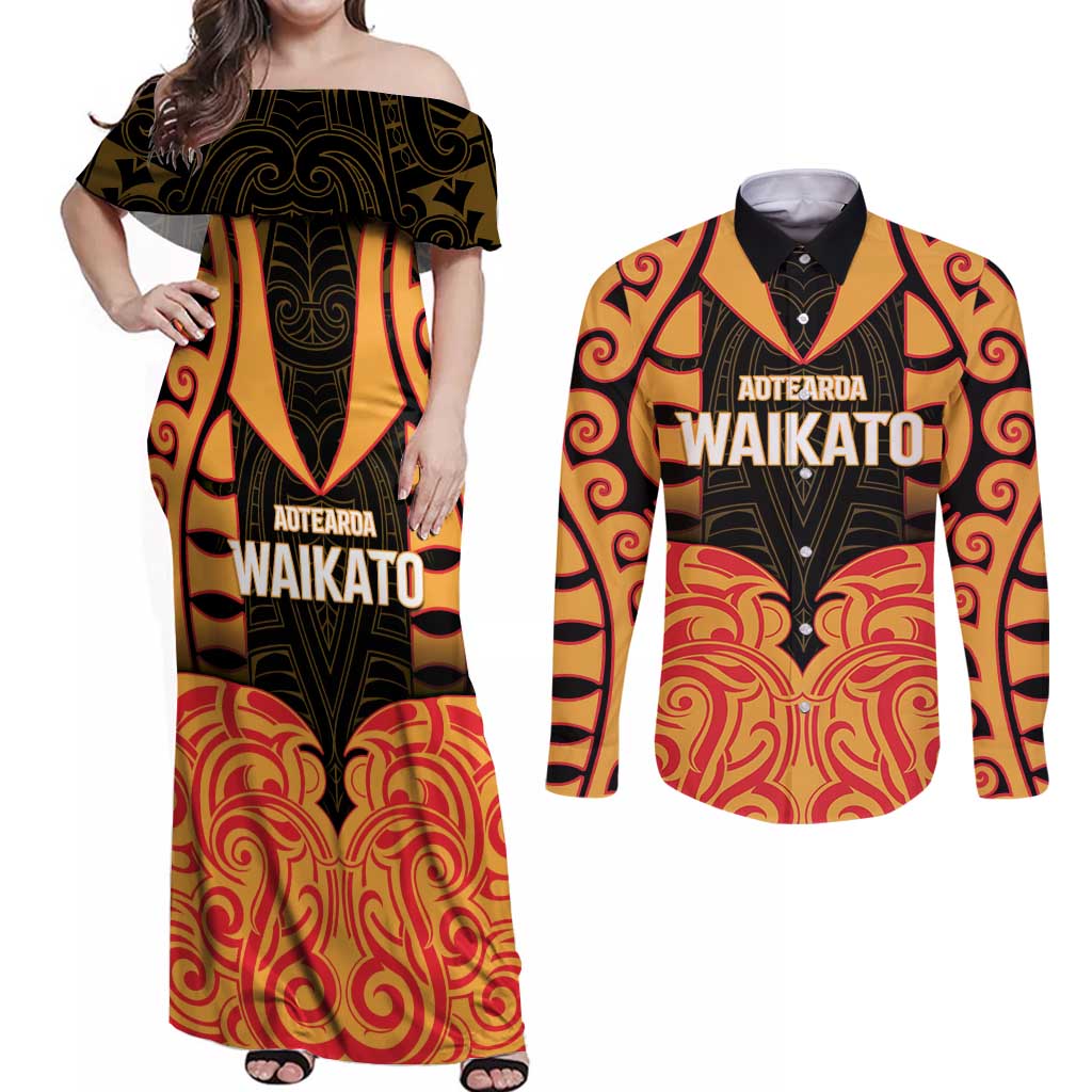 Custom Aotearoa Waikato Couples Matching Off Shoulder Maxi Dress and Long Sleeve Button Shirt Maori Pattern New Zealand - Polynesian Pride