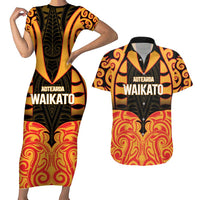 Custom Aotearoa Waikato Couples Matching Short Sleeve Bodycon Dress and Hawaiian Shirt Maori Pattern New Zealand DT05 Orange - Polynesian Pride