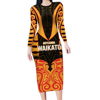 Custom Aotearoa Waikato Family Matching Long Sleeve Bodycon Dress and Hawaiian Shirt Maori Pattern New Zealand DT05 Mom's Dress Orange - Polynesian Pride