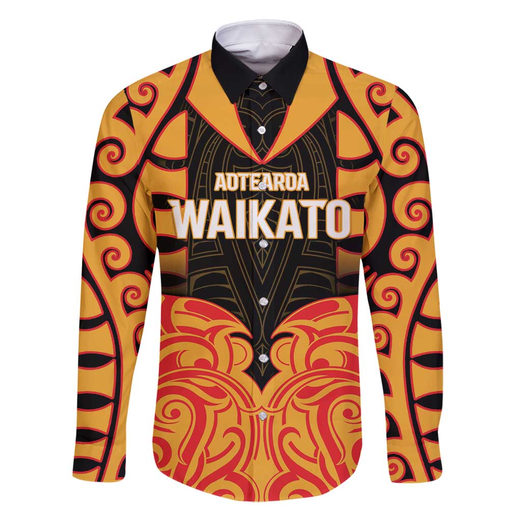 Custom Aotearoa Waikato Family Matching Mermaid Dress and Hawaiian Shirt Maori Pattern New Zealand DT05 Dad's Shirt - Long Sleeve Orange - Polynesian Pride