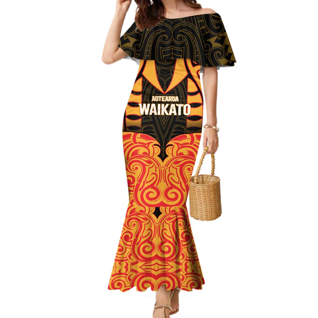 Custom Aotearoa Waikato Family Matching Mermaid Dress and Hawaiian Shirt Maori Pattern New Zealand DT05 Mom's Dress Orange - Polynesian Pride