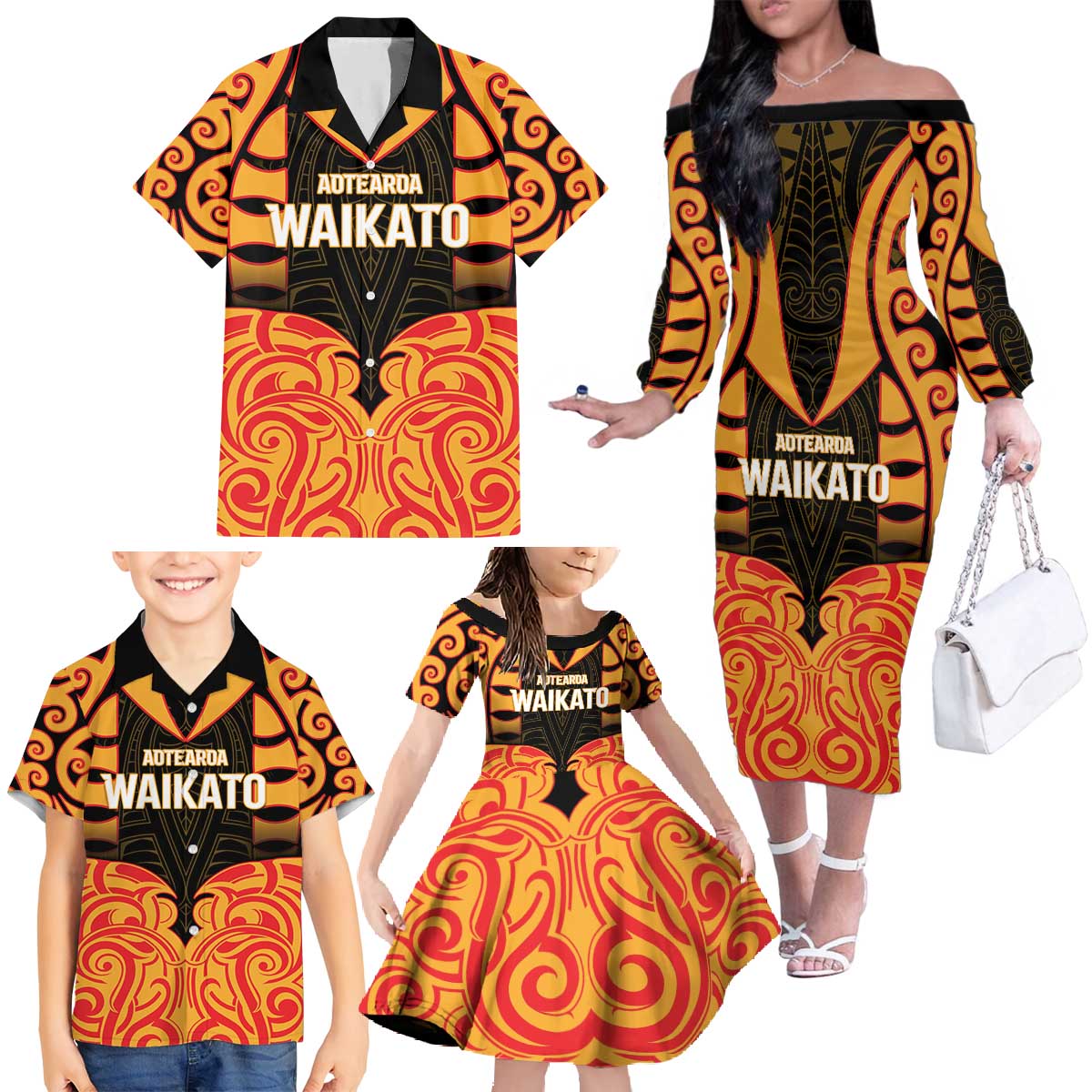 Custom Aotearoa Waikato Family Matching Off The Shoulder Long Sleeve Dress and Hawaiian Shirt Maori Pattern New Zealand - Polynesian Pride