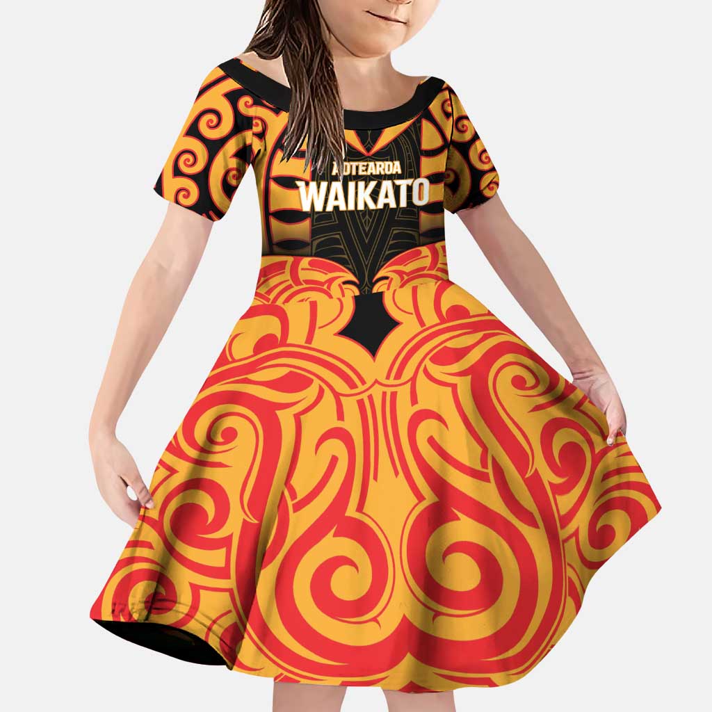 Custom Aotearoa Waikato Family Matching Puletasi and Hawaiian Shirt Maori Pattern New Zealand DT05 Daughter's Dress Orange - Polynesian Pride