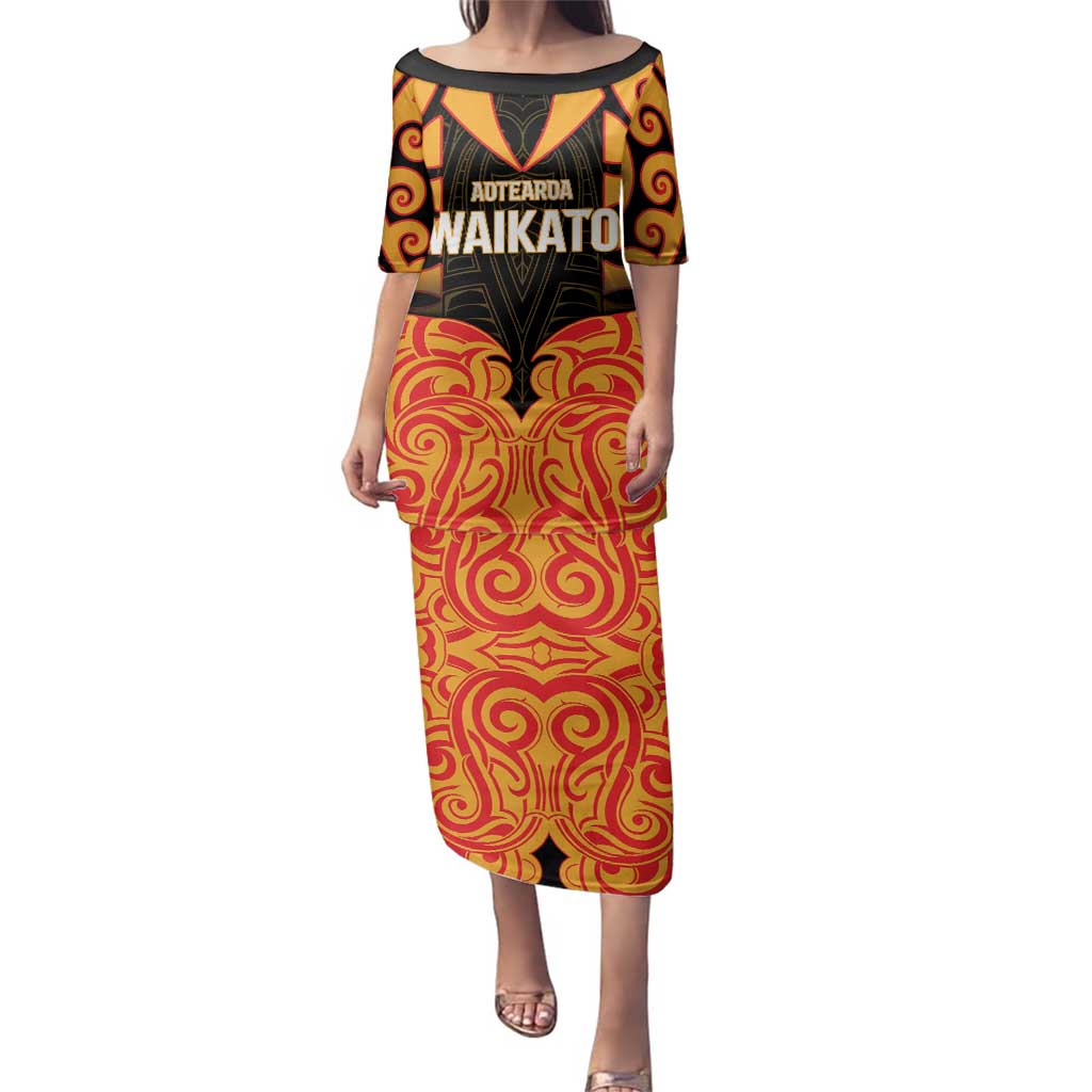 Custom Aotearoa Waikato Family Matching Puletasi and Hawaiian Shirt Maori Pattern New Zealand DT05 Mom's Dress Orange - Polynesian Pride