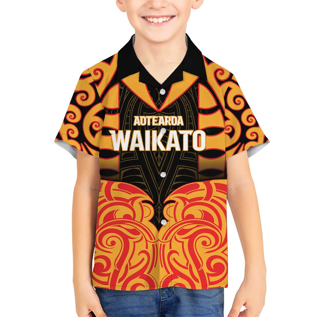 Custom Aotearoa Waikato Family Matching Puletasi and Hawaiian Shirt Maori Pattern New Zealand DT05 Son's Shirt Orange - Polynesian Pride