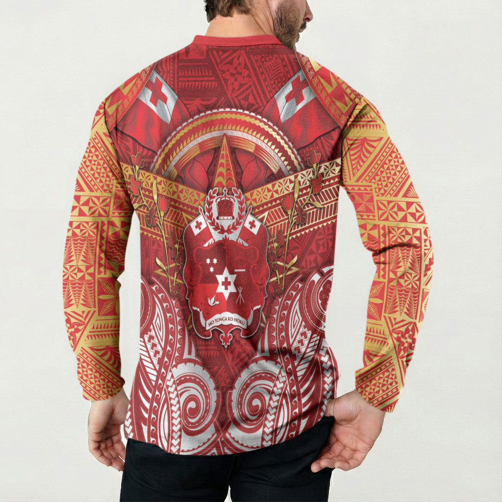 Tonga King's Birthday Button Sweatshirt Gold Royal Crown Tribal Patterns