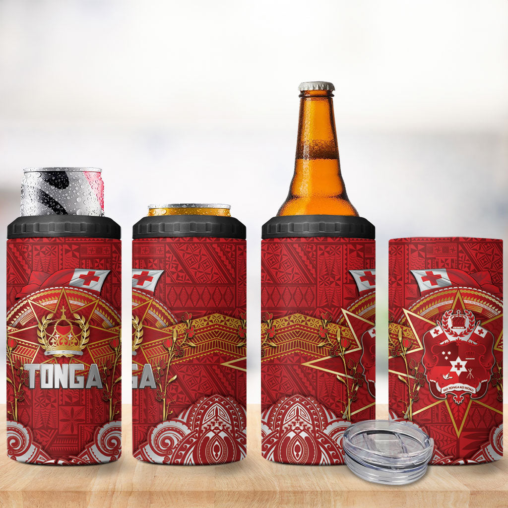 Tonga King's Birthday 4 in 1 Can Cooler Tumbler Gold Royal Crown Tribal Patterns