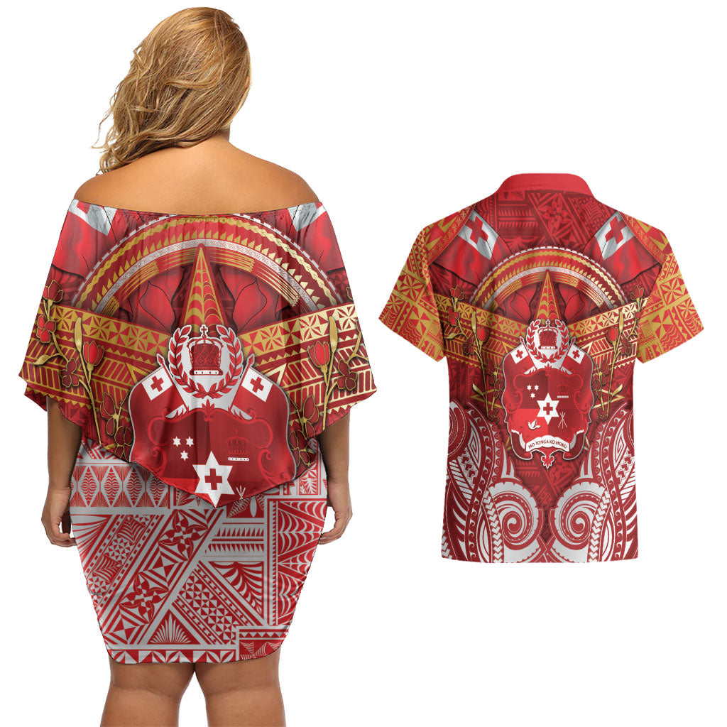 Tonga King's Birthday Couples Matching Off Shoulder Short Dress and Hawaiian Shirt Gold Royal Crown Tribal Patterns