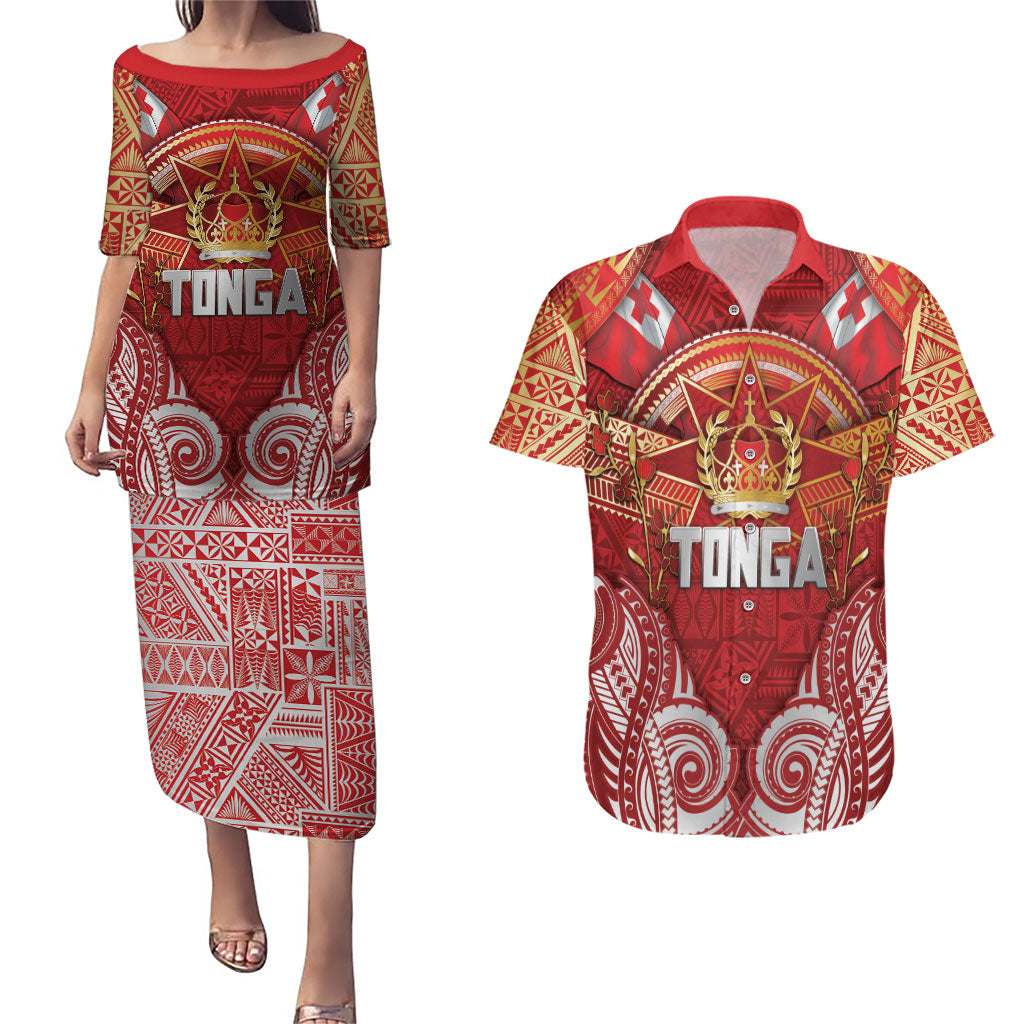 Tonga King's Birthday Couples Matching Puletasi and Hawaiian Shirt Gold Royal Crown Tribal Patterns