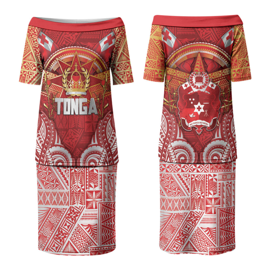 Tonga King's Birthday Couples Matching Puletasi and Long Sleeve Button Shirt Gold Royal Crown Tribal Patterns DT05 - Polynesian Pride