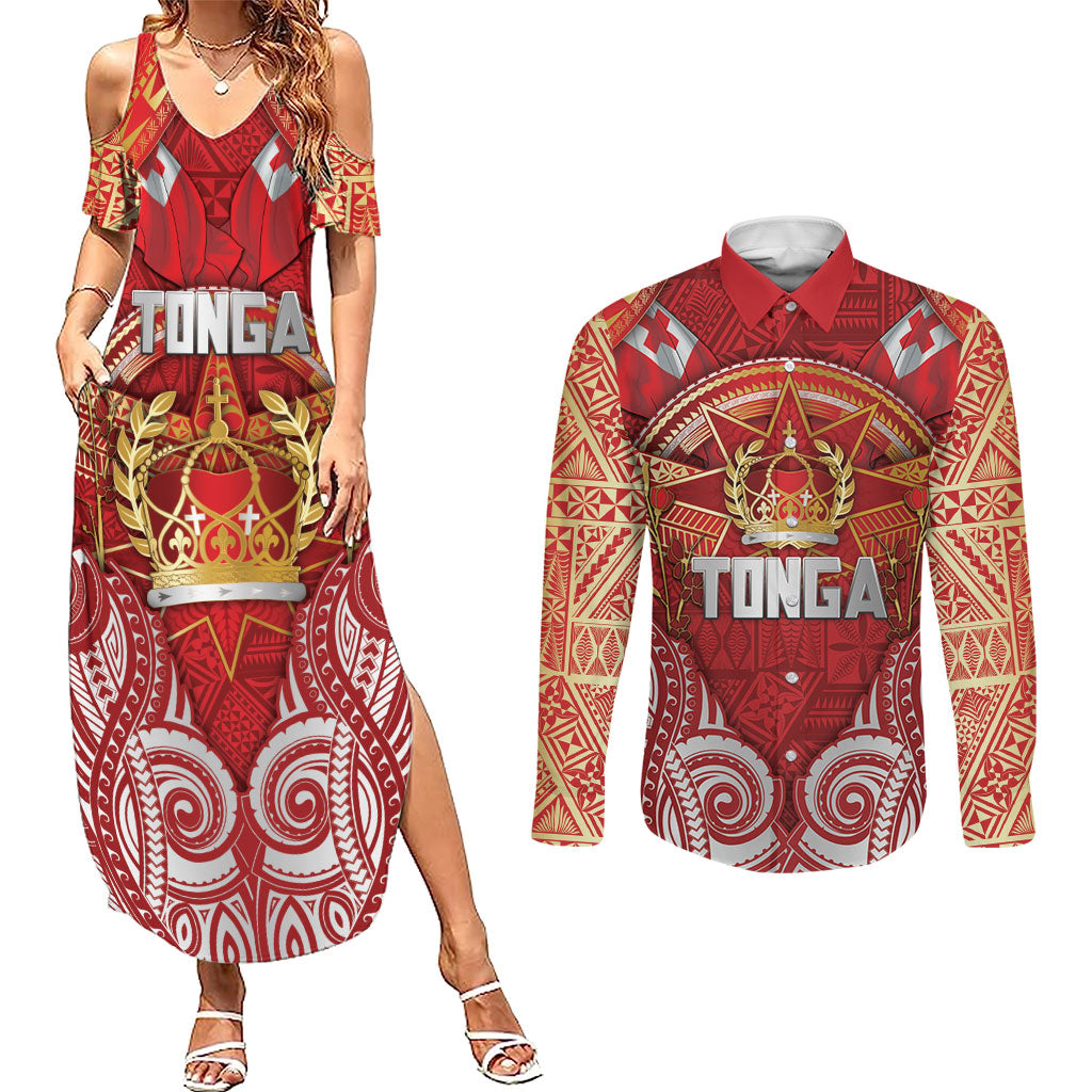 Tonga King's Birthday Couples Matching Summer Maxi Dress and Long Sleeve Button Shirt Gold Royal Crown Tribal Patterns