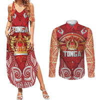 Tonga King's Birthday Couples Matching Summer Maxi Dress and Long Sleeve Button Shirt Gold Royal Crown Tribal Patterns
