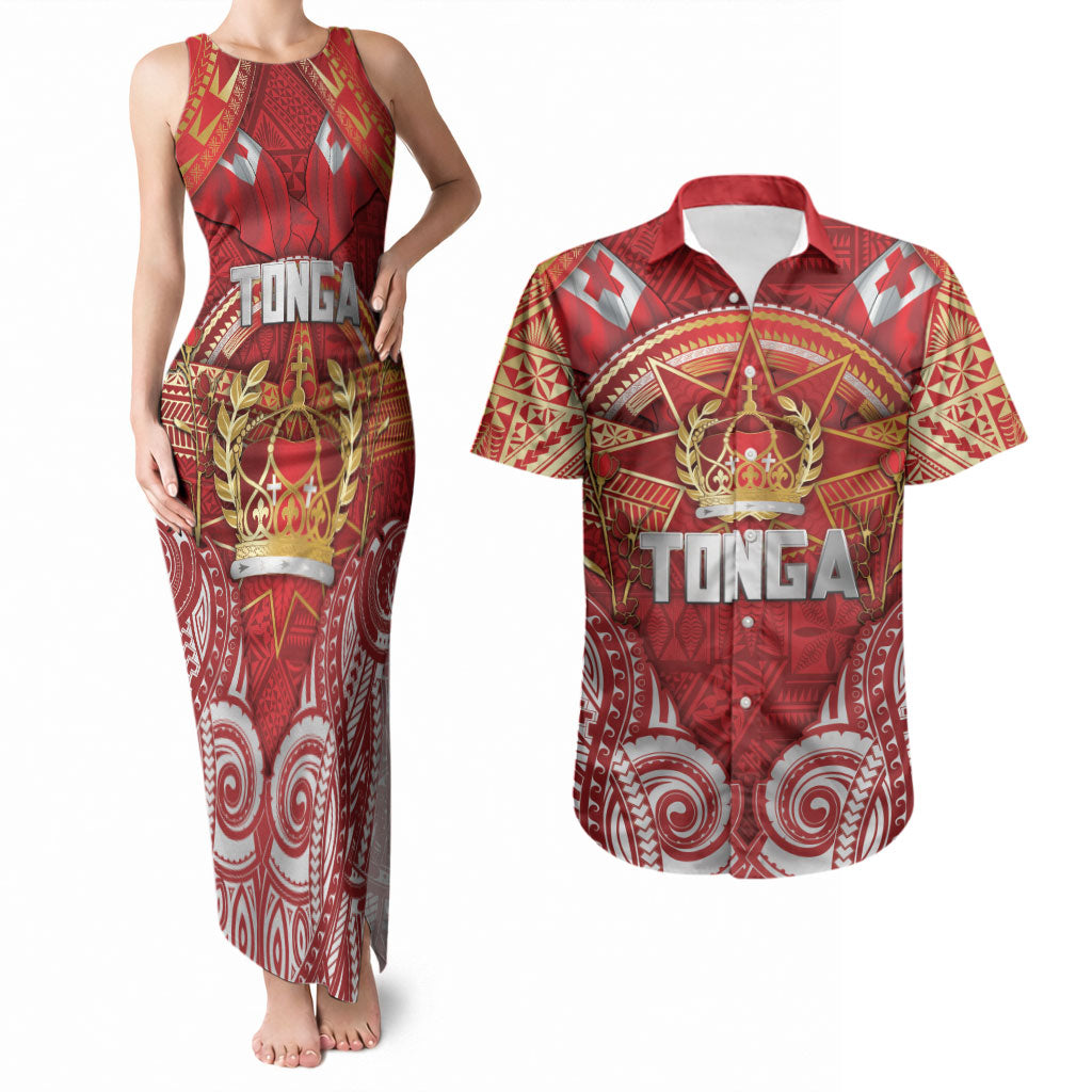 Tonga King's Birthday Couples Matching Tank Maxi Dress and Hawaiian Shirt Gold Royal Crown Tribal Patterns DT05 Red - Polynesian Pride