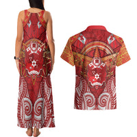Tonga King's Birthday Couples Matching Tank Maxi Dress and Hawaiian Shirt Gold Royal Crown Tribal Patterns