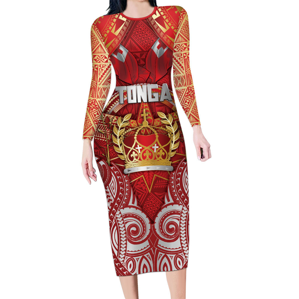 Tonga King's Birthday Family Matching Long Sleeve Bodycon Dress and Hawaiian Shirt Gold Royal Crown Tribal Patterns