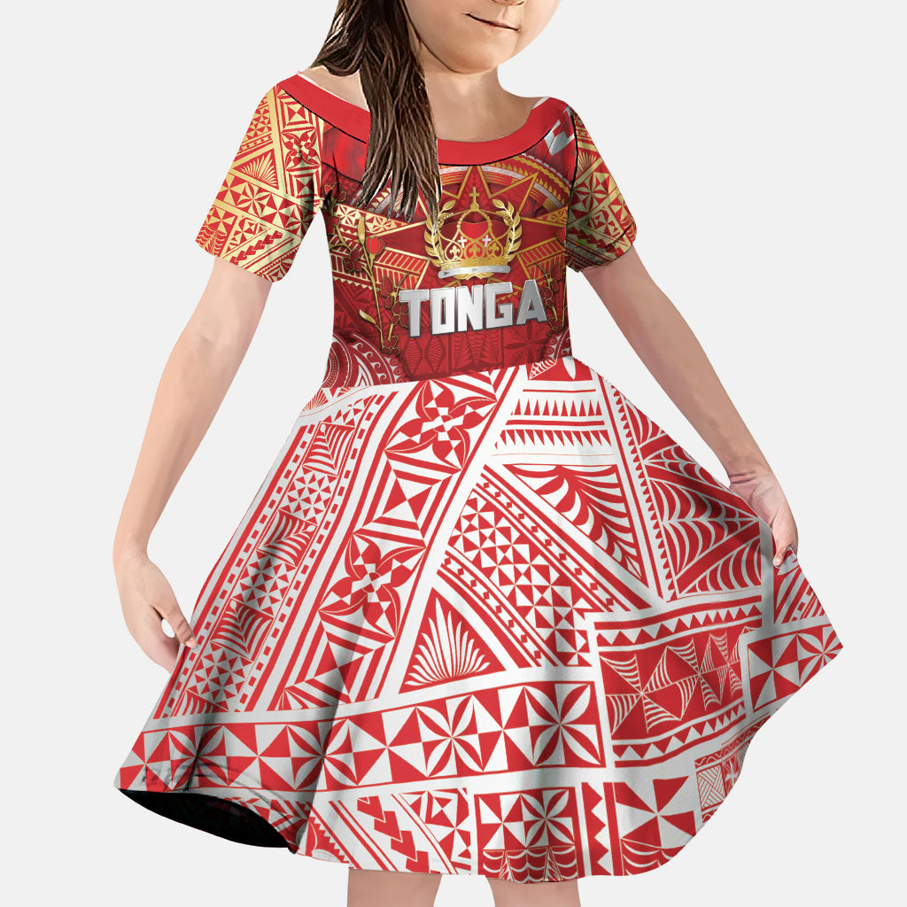 Tonga King's Birthday Family Matching Off The Shoulder Long Sleeve Dress and Hawaiian Shirt Gold Royal Crown Tribal Patterns
