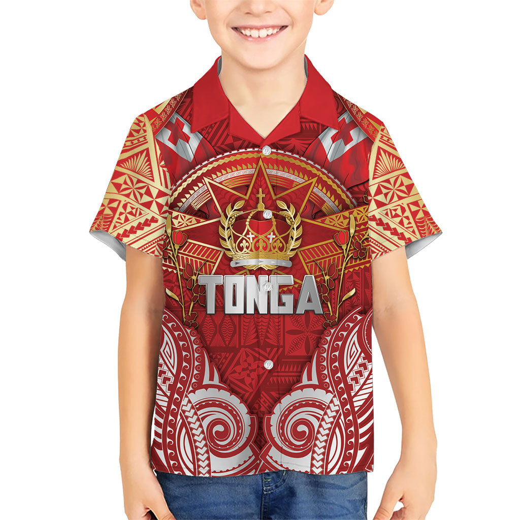 Tonga King's Birthday Family Matching Off Shoulder Maxi Dress and Hawaiian Shirt Gold Royal Crown Tribal Patterns